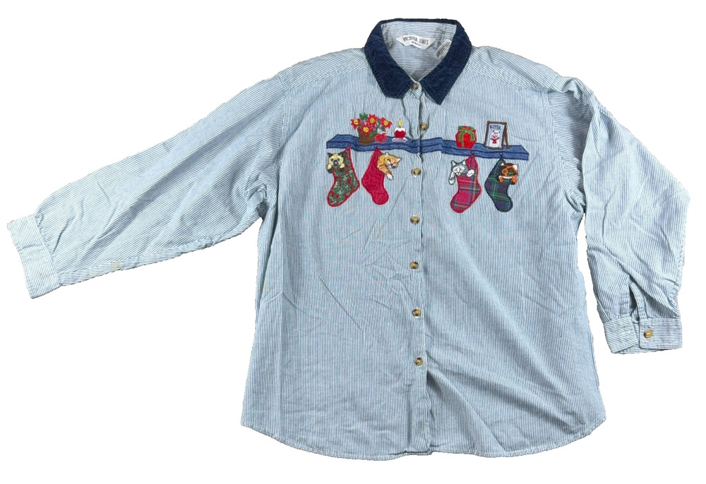 Vintage Victoria Jones Woman 22W/24W Cat Christmas Shirt Embroidered Holiday